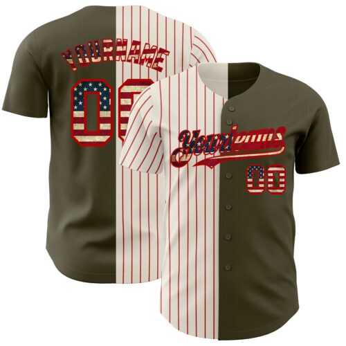 SplitF0778 Custom Olive Vintage USA Flag Cream-Red Pinstripe Authentic Split Fashion Salute To Service Baseball Jersey