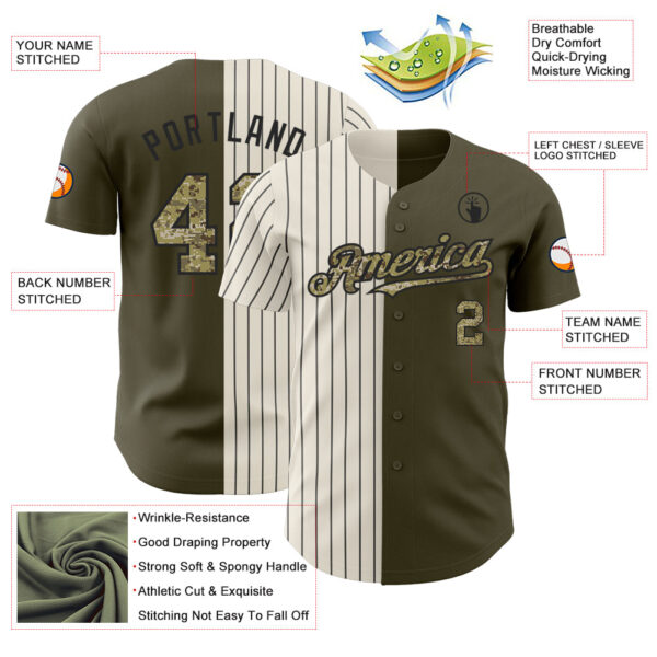 Custom Olive Camo Cream-Black Pinstripe Authentic Split Fashion Salute To Service Baseball Jersey