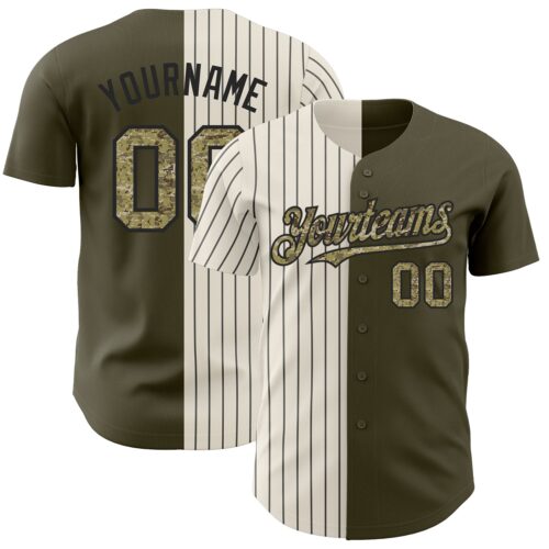 SplitF0783 Custom Olive Camo Cream-Black Pinstripe Authentic Split Fashion Salute To Service Baseball Jersey
