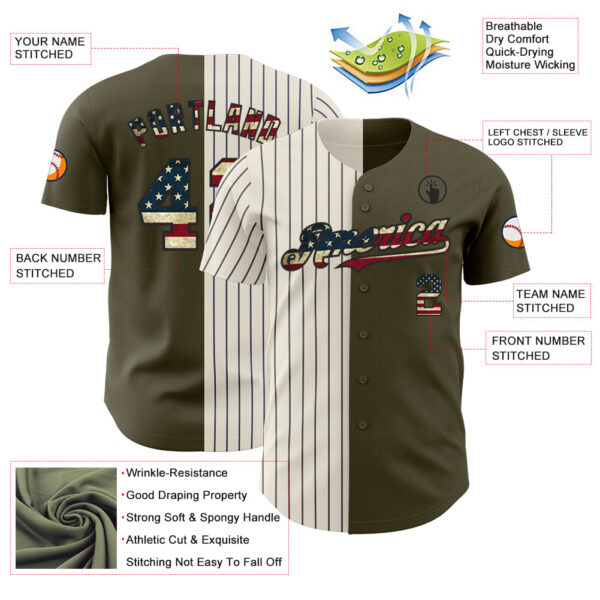 Custom Olive Vintage USA Flag Cream-Black Pinstripe Authentic Split Fashion Salute To Service Baseball Jersey