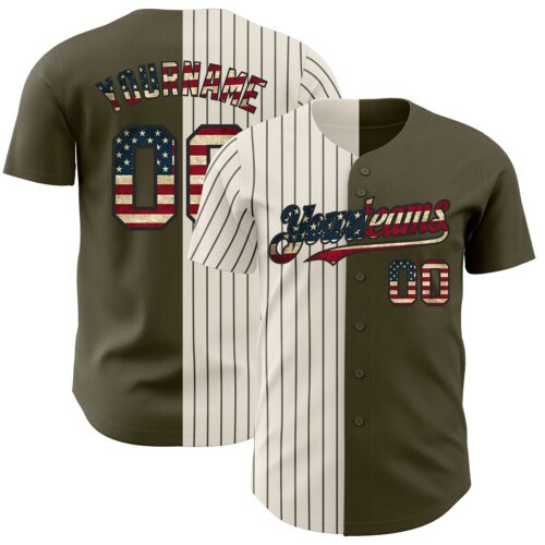 SplitF0784 Custom Olive Vintage USA Flag Cream-Black Pinstripe Authentic Split Fashion Salute To Service Baseball Jersey