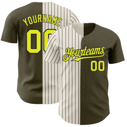 SplitF0786 Custom Olive Neon Yellow Cream-Black Pinstripe Authentic Split Fashion Salute To Service Baseball Jersey