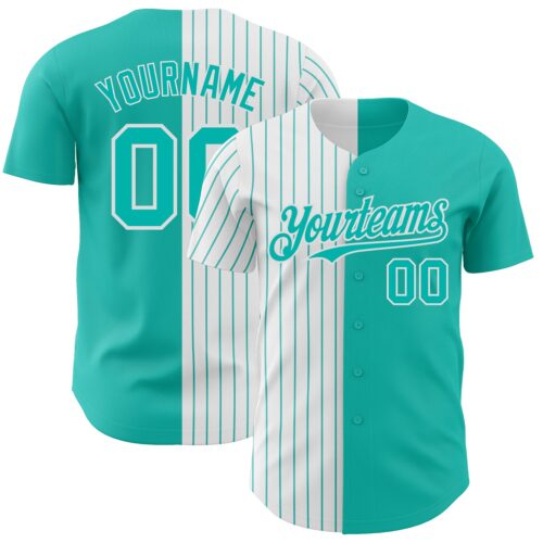 SplitF0792 Custom Aqua White-Aqua Pinstripe Authentic Split Fashion Baseball Jersey