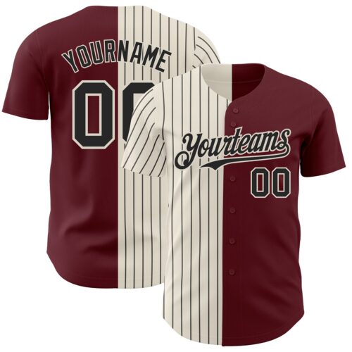SplitF0806 Custom Burgundy Cream-Black Pinstripe Authentic Split Fashion Baseball Jersey