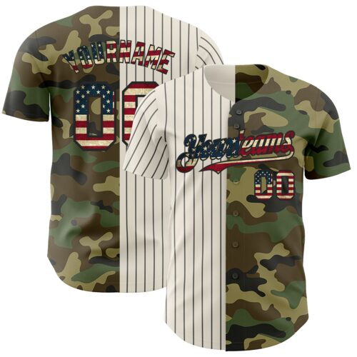 SplitF0813 Custom Camo Vintage USA Flag Cream-Black Pinstripe Authentic Split Fashion Salute To Service Baseball Jersey