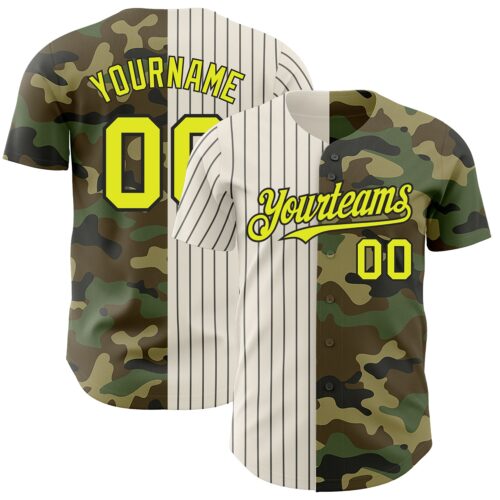 SplitF0815 Custom Camo Neon Yellow Cream-Black Pinstripe Authentic Split Fashion Salute To Service Baseball Jersey