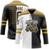 Custom Black Old Gold-White Split Fashion Hockey Lace Neck Jersey