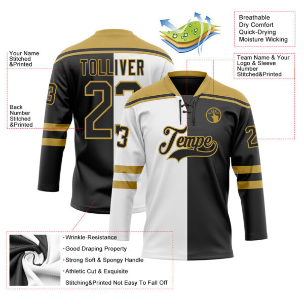 Custom Black Old Gold-White Split Fashion Hockey Lace Neck Jersey
