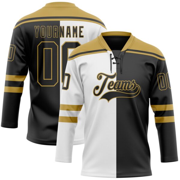 Custom Black Old Gold-White Split Fashion Hockey Lace Neck Jersey
