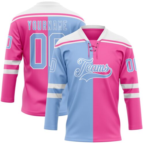 Custom Pink Light Blue-White Split Fashion Hockey Lace Neck Jersey