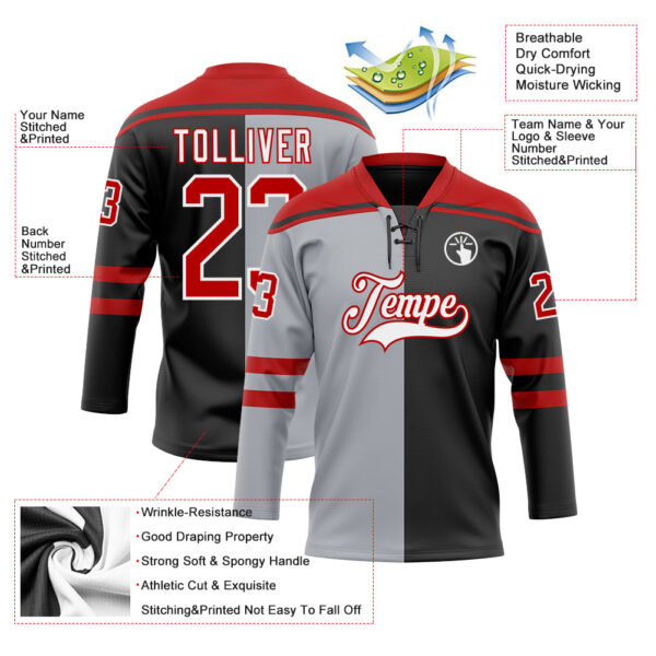 Custom Black Red Gray-White Split Fashion Hockey Lace Neck Jersey