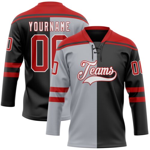 Custom Black Red Gray-White Split Fashion Hockey Lace Neck Jersey