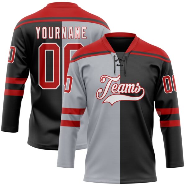 Custom Black Red Gray-White Split Fashion Hockey Lace Neck Jersey