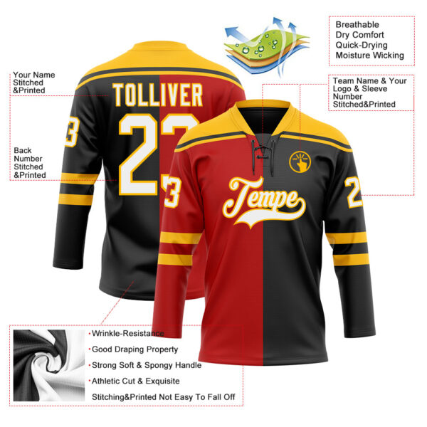 Custom Black White Red-Gold Split Fashion Hockey Lace Neck Jersey