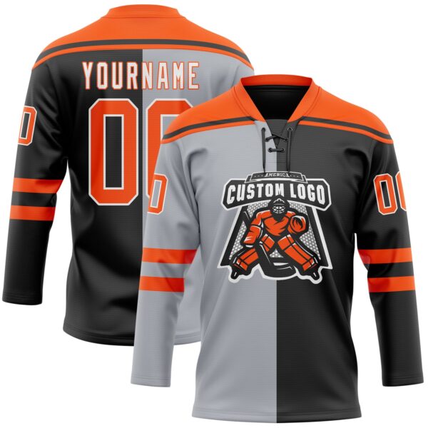 Custom Black Orange Gray-White Split Fashion Hockey Lace Neck Jersey