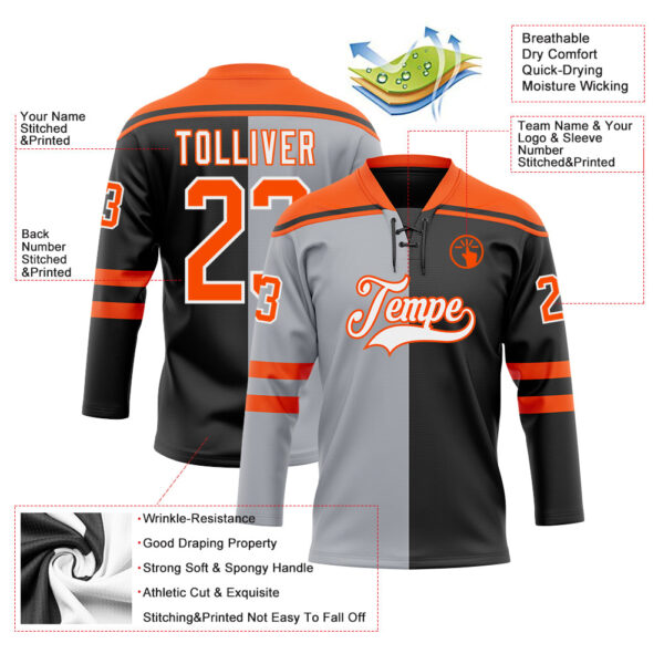 Custom Black Orange Gray-White Split Fashion Hockey Lace Neck Jersey