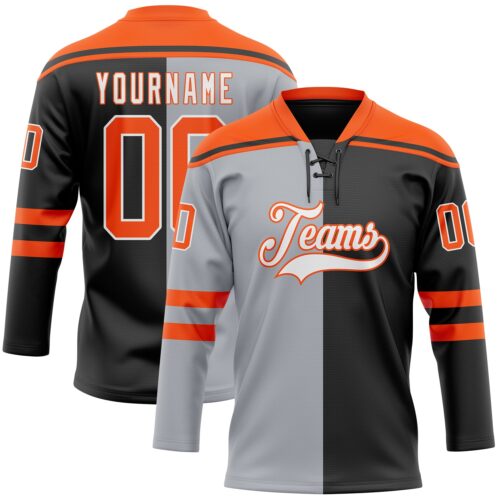 Custom Black Orange Gray-White Split Fashion Hockey Lace Neck Jersey