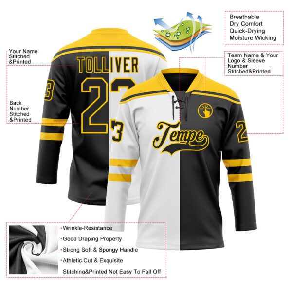 Custom Black Yellow-White Split Fashion Hockey Lace Neck Jersey