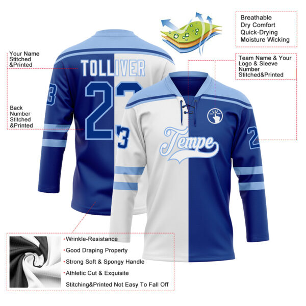 Custom Royal Light Blue-White Split Fashion Hockey Lace Neck Jersey