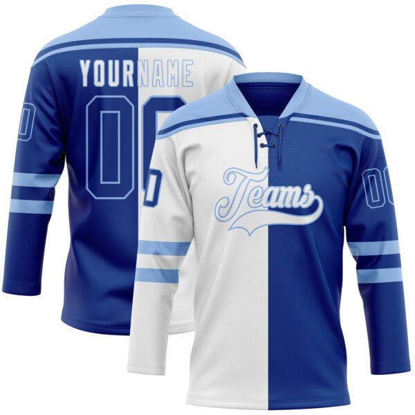 Custom Royal Light Blue-White Split Fashion Hockey Lace Neck Jersey