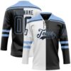 Custom Black Light Blue-White Split Fashion Hockey Lace Neck Jersey