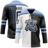 Custom Black Light Blue-White Split Fashion Hockey Lace Neck Jersey