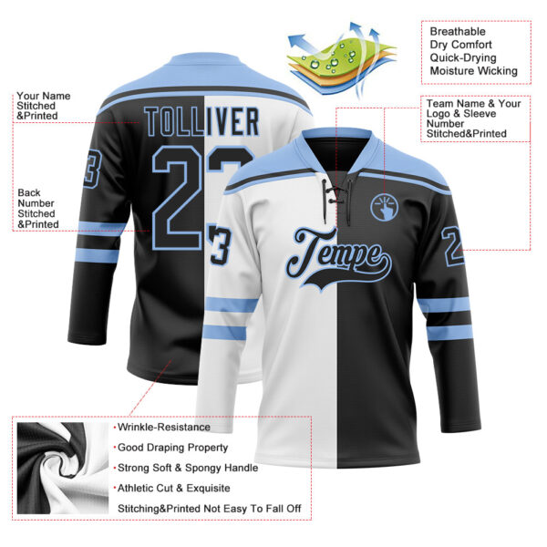 Custom Black Light Blue-White Split Fashion Hockey Lace Neck Jersey