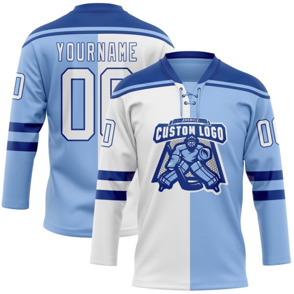 Custom Light Blue White-Royal Split Fashion Hockey Lace Neck Jersey