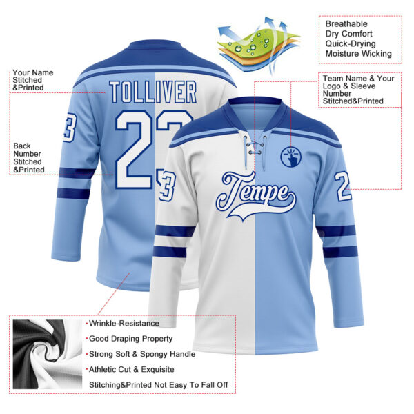 Custom Light Blue White-Royal Split Fashion Hockey Lace Neck Jersey
