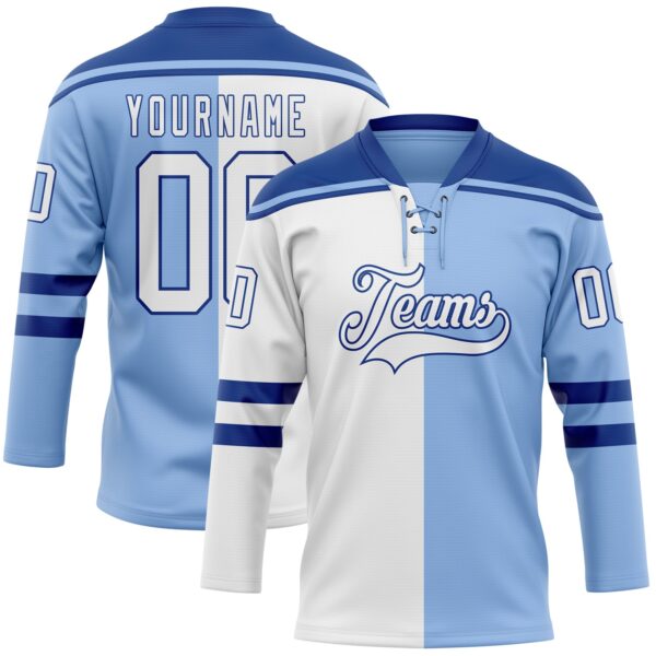 Custom Light Blue White-Royal Split Fashion Hockey Lace Neck Jersey