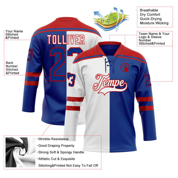 Custom Royal Red-White Split Fashion Hockey Lace Neck Jersey