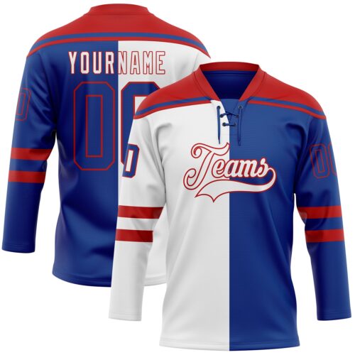Custom Royal Red-White Split Fashion Hockey Lace Neck Jersey