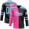 Custom Black Light Blue Pink-White Split Fashion Hockey Lace Neck Jersey