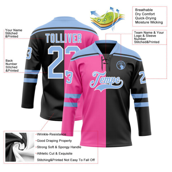 Custom Black Light Blue Pink-White Split Fashion Hockey Lace Neck Jersey