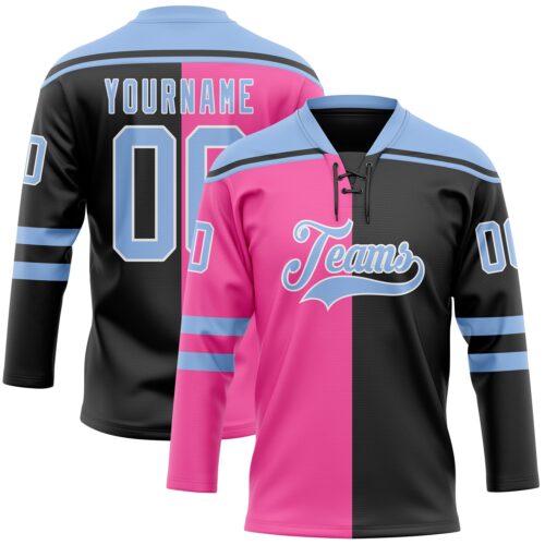 SplitF1104 Custom Black Light Blue Pink-White Split Fashion Hockey Lace Neck Jersey