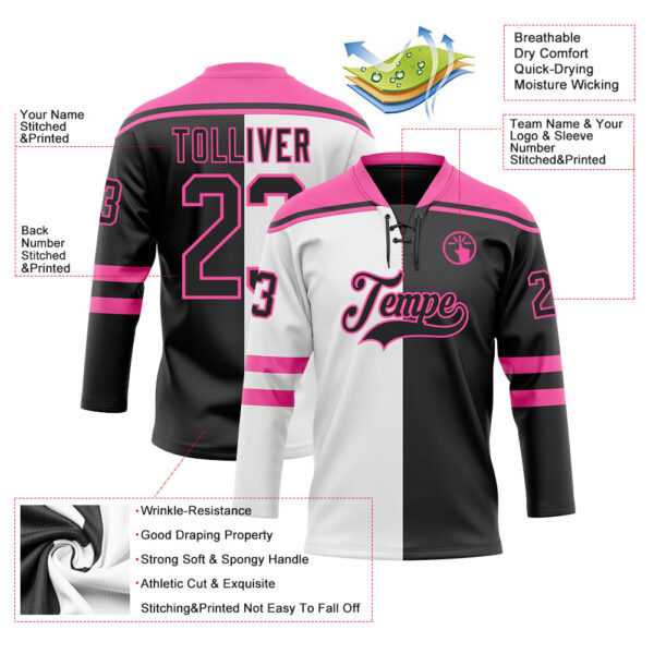 Custom Black Pink-White Split Fashion Hockey Lace Neck Jersey
