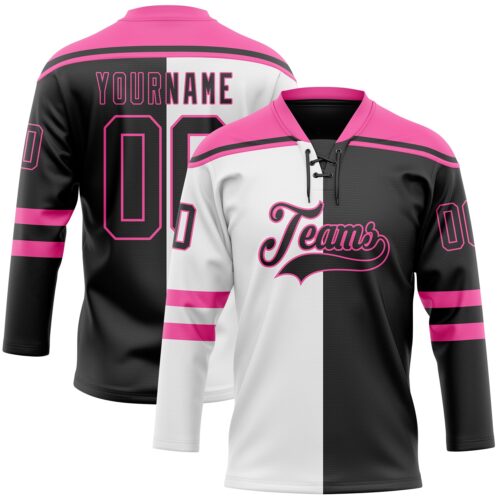 SplitF1105 Custom Black Pink-White Split Fashion Hockey Lace Neck Jersey