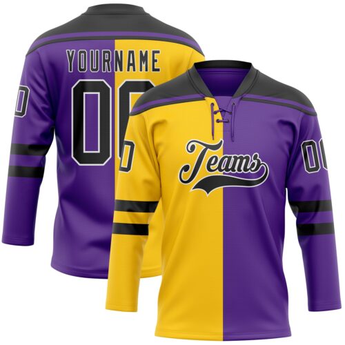 SplitF1106 Custom Purple Black Yellow-White Split Fashion Hockey Lace Neck Jersey