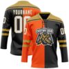 Custom Black White Orange-Old Gold Split Fashion Hockey Lace Neck Jersey