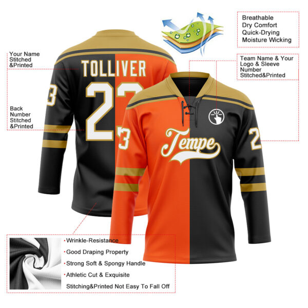 Custom Black White Orange-Old Gold Split Fashion Hockey Lace Neck Jersey