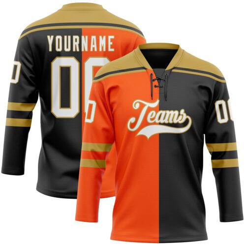 SplitF1107 Custom Black White Orange-Old Gold Split Fashion Hockey Lace Neck Jersey