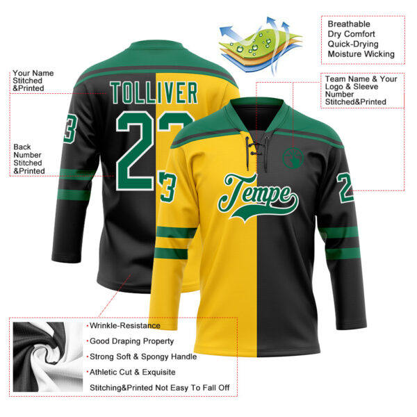 Custom Black Kelly Green Yellow-White Split Fashion Hockey Lace Neck Jersey