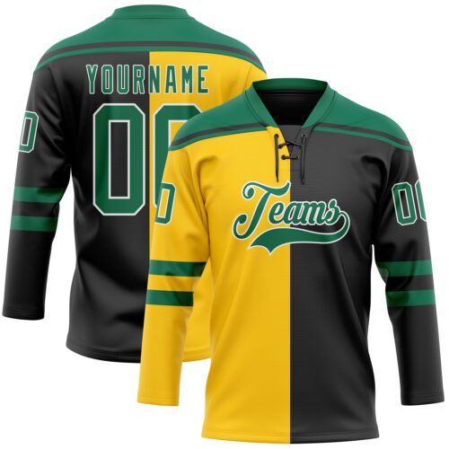 SplitF1108 Custom Black Kelly Green Yellow-White Split Fashion Hockey Lace Neck Jersey