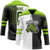 Custom Black Neon Green-White Split Fashion Hockey Lace Neck Jersey