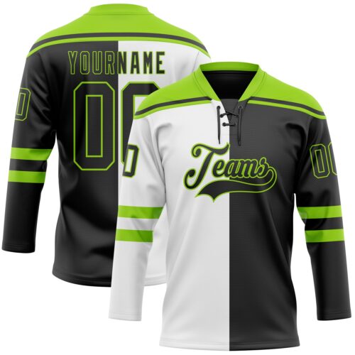 SplitF1109 Custom Black Neon Green-White Split Fashion Hockey Lace Neck Jersey