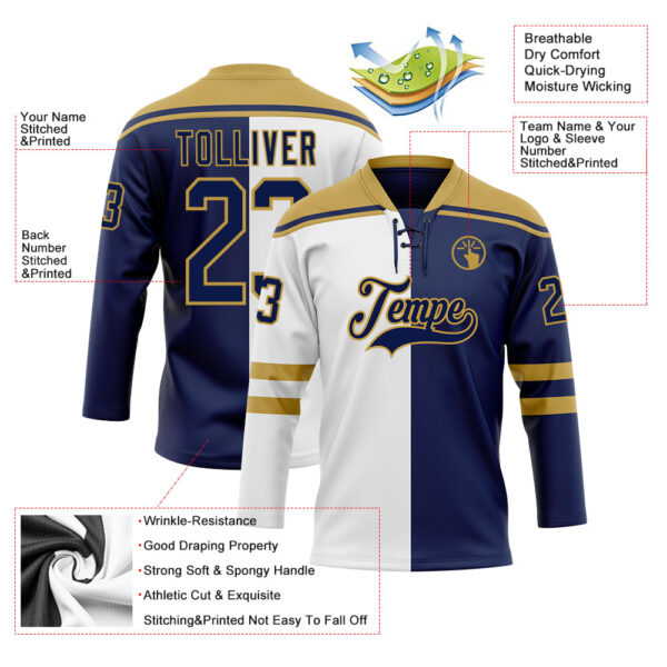 Custom Navy Old Gold-White Split Fashion Hockey Lace Neck Jersey