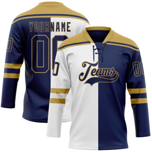SplitF1110 Custom Navy Old Gold-White Split Fashion Hockey Lace Neck Jersey
