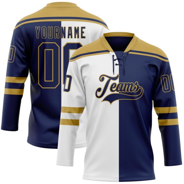 Custom Navy Old Gold-White Split Fashion Hockey Lace Neck Jersey