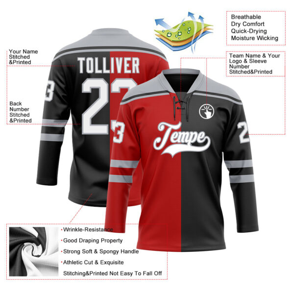 Custom Black White Red-Gray Split Fashion Hockey Lace Neck Jersey