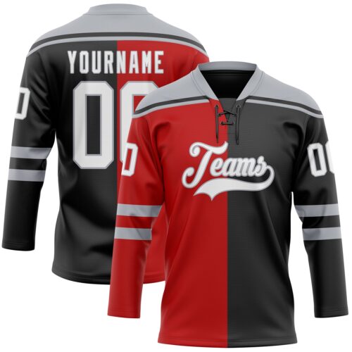 SplitF1111 Custom Black White Red-Gray Split Fashion Hockey Lace Neck Jersey
